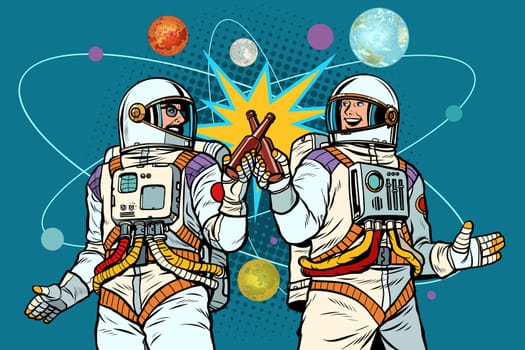 a bottle of beer cheers. two friends of the astronaut celebrate scientific achievements in space. cosmonautics day. Pop art retro vector illustration drawing vintage kitsch