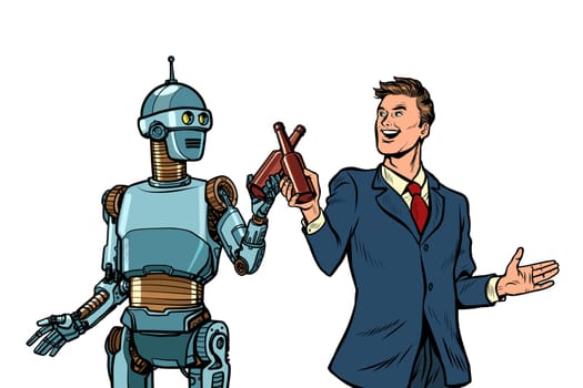 Businessman and robot cheers beer bottles. technological development concept. it industry. Pop art retro vector illustration drawing vintage kitsch