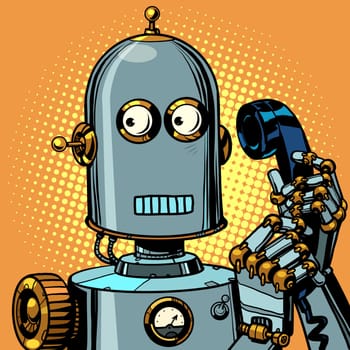 scared funny robot talking on a retro phone. Pop art retro vector illustration drawing