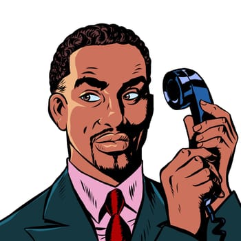 serious african man talking on a retro phone. isolate on white background. Pop art retro vector illustration drawing