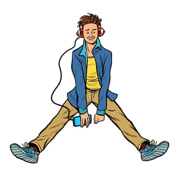 the young man sits and listens to music in headphones. Audio music lesson audiorec. Pop art retro vector illustration drawing vintage kitsch