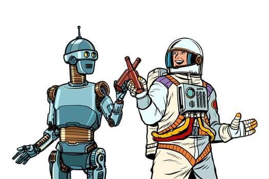 Robot and astronaut drink beer together. Pop art retro vector illustration drawing vintage kitsch