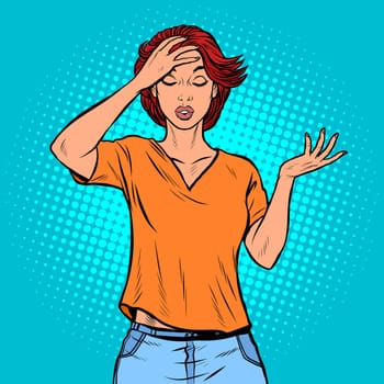 A young woman holds his hand to his head. Headache. Pop art retro vector illustration drawing vintage kitsch