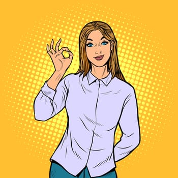 OK gesture young woman. Pop art retro vector illustration drawing vintage kitsch