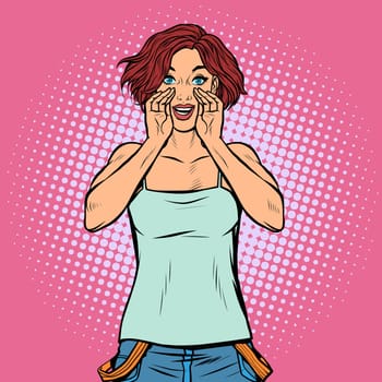 a young woman calls shouts. Pop art retro vector illustration drawing vintage kitsch