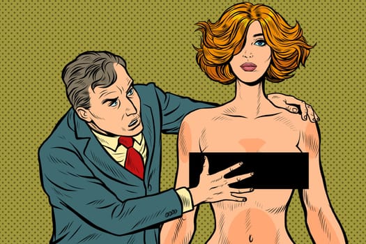 harassment. male businessman groping a woman. unacceptable behavior. violation of work ethics. Pop art retro vector illustration drawing vintage kitsch