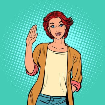 young woman gesture Hello. Pop art retro vector illustration drawing vintage kitsch