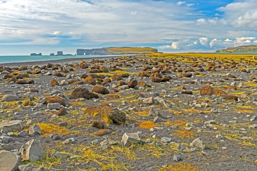 Jumbled Volcanic Rocks on Black Sand Reynisfjara Beach near Vik, Iceland