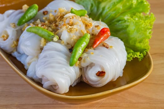 Thai dessert on wood background, Steamed rice skin dumplings