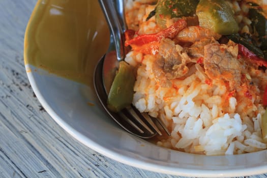 close up curry over rice Thai food spicy