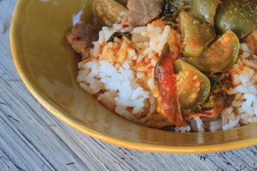 close up curry over rice Thai food spicy