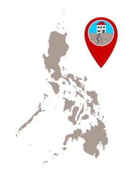 Karte der Philippinen und Pin mit Erdbebensymbol