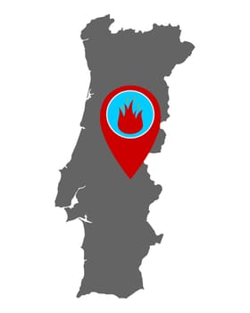 Karte von Portugal und Pin mit Feuerwarnung