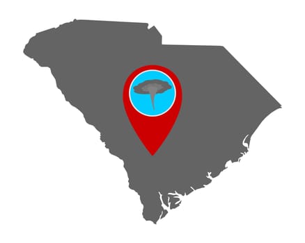 Karte von South Carolina und Pin Tornadowarnung