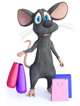 3D rendering of a cute smiling cartoon mouse standing and holding two shopping bags in his hand. Two more shopping bags are on the floor beside him. White background.