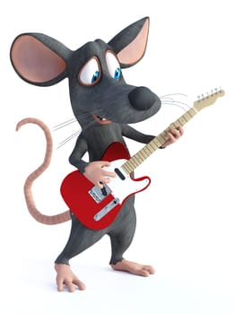 3D rendering of a cute smiling cartoon mouse playing an electric guitar. White background.