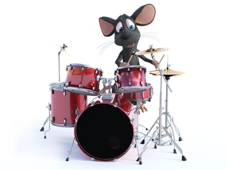 3D rendering of a cute smiling cartoon mouse playing on a set of drums. White background.
