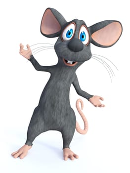 3D rendering of a cute smiling cartoon mouse standing with his arms outstretched in a welcoming pose like he is greeting you or saying tada. White background.