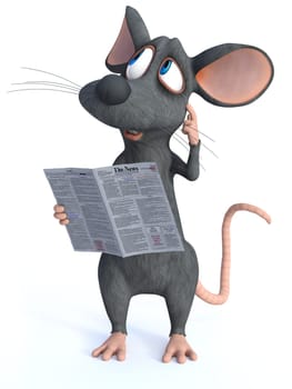 3D rendering of a cute cartoon mouse standing and holding a newpaper in his hand while scratching his head thinking about something. White background.