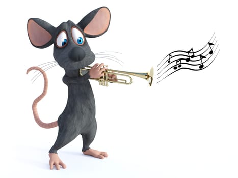 3D rendering of a cute cartoon mouse playing a trumpet. White background.