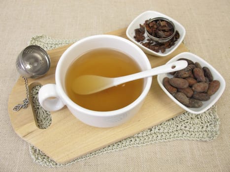 Cup of cacao husk tea from the roastet outer shells of the cacao bean