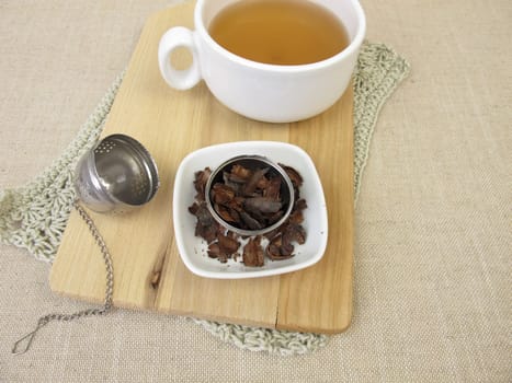Cup of cacao husk tea from the roastet outer shells of the cacao bean