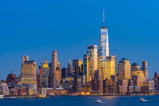 Aerial view of New York city Manhattan skyline cityscape at dusk from New Jersey.