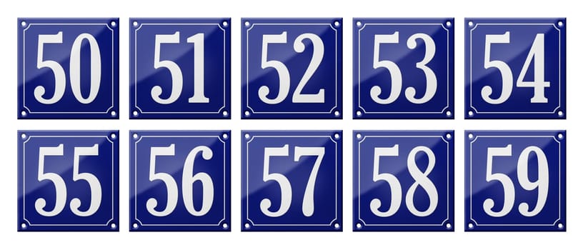 Set of traditional blue enamel signs - Numbers 50- 59