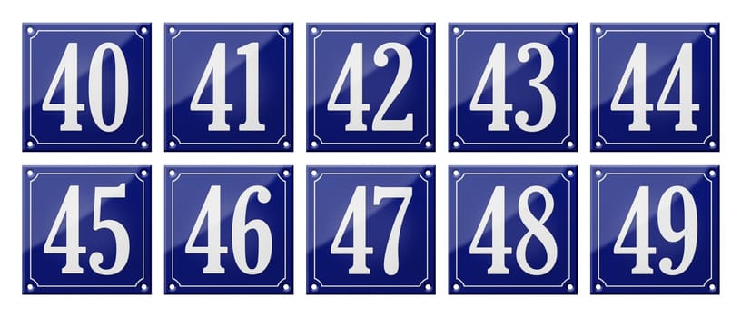 Set of traditional blue enamel signs - Numbers 40- 49
