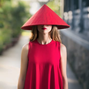 Fashion portrait of a beautiful woman in red conical hat outdoor