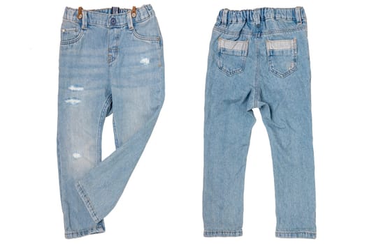 Jeans isolated. Trendy stylish blue denim pants or trousers for child boy isolated on a white background. Jeans summer and autumn fashion. Front and back view.