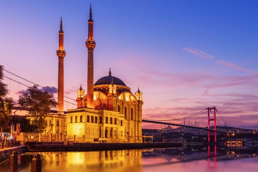 Ortakoy Mosque and the Bosphorus bridge in the night lights, Istanbul, Turkey.