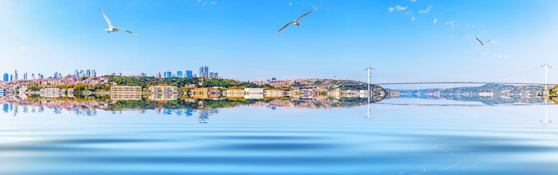Panorama of the Bosphorus, the bridge and the Sisli district, Istanbul, Turkey.