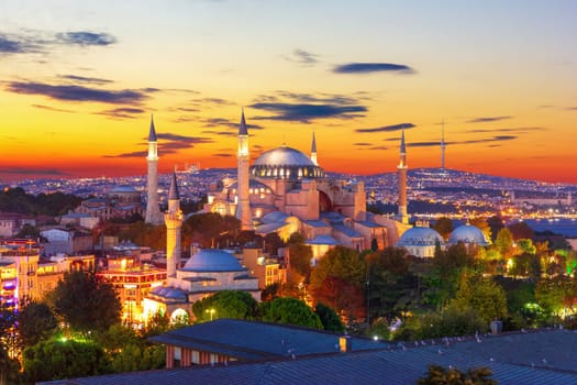 Hagia Sophia in the colorful sunset, Istanbul, Turkey.