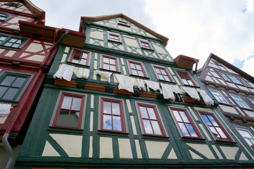 Clothesline on a half-timbered house in the historic old town of Schmalkalden in Thuringia in Germany