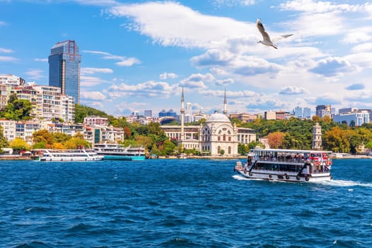 The Bosphorus, view on the Molla Celebi Mosque and the modern buildings of Istanbul, Turkey.