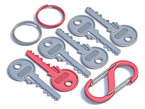 Door keys, key rings and carabiner 3D render illustration isolated on white background