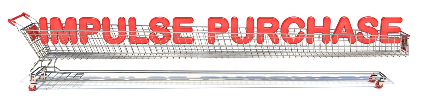 Text impulse purchase in shopping cart 3D render illustration isolated on white background