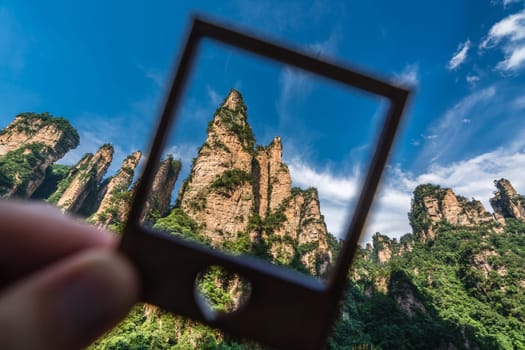 The Gathering of Heavenly Soldiers scenic rock formations in a frame, Avatar mountains nature park, Zhangjiajie, Hunan