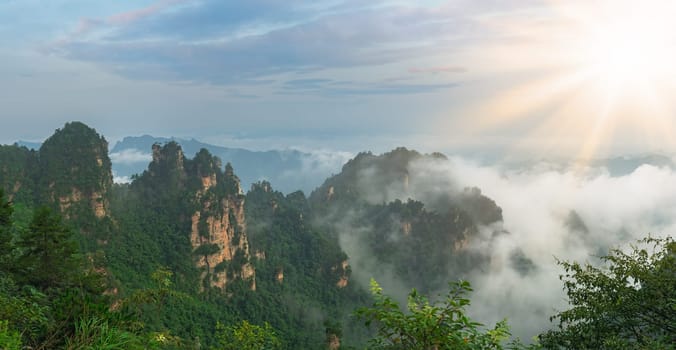 Stone pillars of Tianzi mountains in Zhangjiajie National park which is a famous tourist attraction, Wulingyuan, Hunan Province, China
