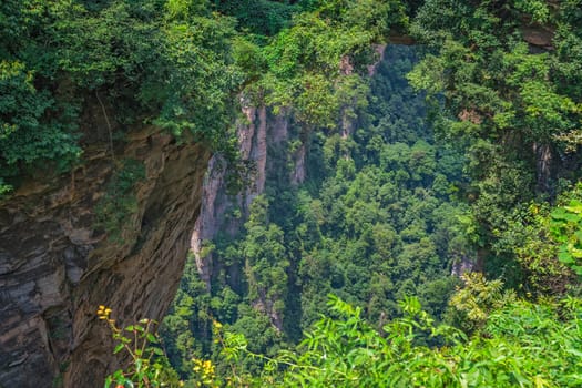 View from the scenic platform over the Tian Qiao or the Greatest Natural Bridge in Yuanjiajie scenic area, Zhangjiajie Forest Park, Hunan province, China