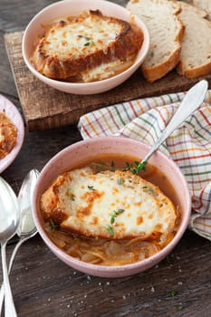 French onion soup with slices of gratinated cheese bread
