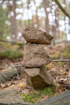 Signpost of sandstones placed on the forest floor with pine needles and moss against a blurred background
