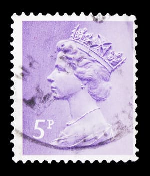 MOSCOW, RUSSIA - AUGUST 8, 2019: Postage stamp printed in United Kingdom shows Queen Elizabeth II, Decimal Machin serie, circa 1971