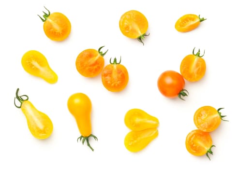 Cherry tomatoes isolated on white background. Yellow pear, isis candy cherry tomato. Top view, flat lay
