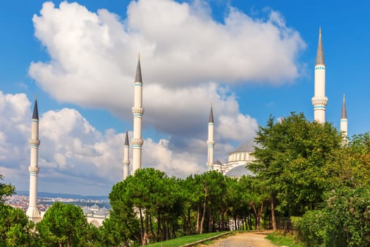 Minarets of the Camlica Mosque in Istanbul, Turkey.