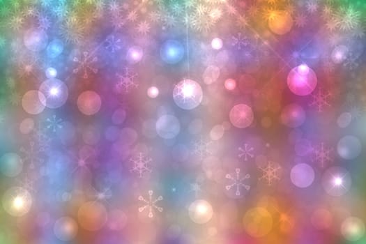 A festive abstract Happy New Year or Christmas texture background and with colorful pastel blurred bokeh lights and stars. Space for design. Card concept or advertising.