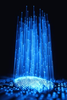 3D illustration. Fingerprint integrated in a printed circuit, releasing binary codes.