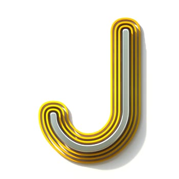 Yellow outlined font letter J 3D render illustration isolated on white background