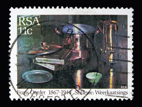 MOSCOW, RUSSIA - MAY 13, 2018: A stamp printed in South Africa shows Painting, Tribute to F. D. Oerder (1867-1944) serie, circa 1985